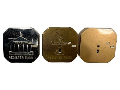 Three Different Pocket Dime Register Banks. American 1940/50's. 2 3/4" Tall x 2 3/4" Wide. The 