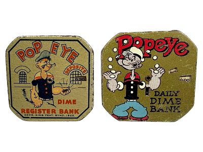 Two Popeye Dime Register Banks. American 1940's. 2 1/2" Square. The Peirce Collection. 