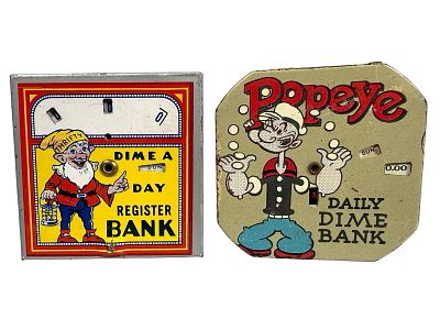 Popeye and Dime a Day - Pocket Register Banks. American 1940's. The Peirce Collection. 