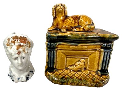 Two Porcelain Banks. European 1910's. Taller is 4" Tall x 3 1/4" Wide. The Peirce Collection. 