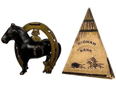 Wigwam and Good Luck Horse Banks - Paper / Cast Iron. American 1905 / 1920. The Peirce 