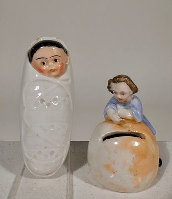 Two Ceramic Banks. Austrian 1910 - Taller is 3"T x 2 1/2"W - The Peirce Collection Condition: 