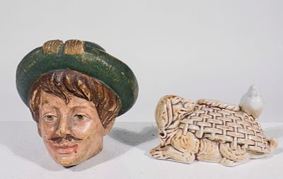 Two Ceramic / Pottery Banks - One Bernard Block. European 1910 - Man is 3 1/2"T x 4"D - The 