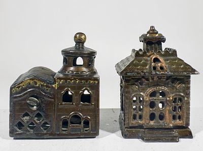 Two Small Cast Iron Building Banks. American 1900 - 3"T x 2 1/2"W - The Peirce Collection 