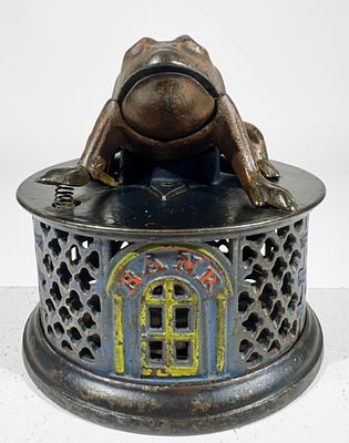Frog on Lattice Mechanical Bank - Scarce Blue and Brown Base. J &amp; E Stevens Co. - Cromwell 