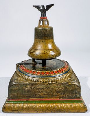 Memorial Money Bell Mechanical Bank. Unknown American Maker - Circa 1893 - 6"T x 4 1/2"Square - 