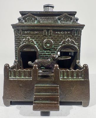 Dog on Turntable Cast Iron Mechanical Bank - Japanned with Green Wash. H.L. Judd Company - 4 