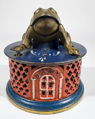 Frog on Lattice Mechanical Bank. J &amp; E Stevens Co. - Cromwell, CT. 1870's - 4"T x 4 