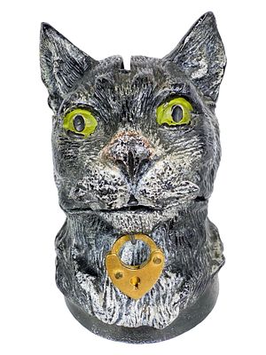Spelter Cat Bust Still Bank. Locks Through Lower Jaw. Germany - Circa 1920's. 3 1/4" Tall x 2" 
