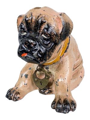 Seated Sad Puppy Spelter Bank. Germany - Circa Mid 1920's. 2 1/2" Tall x 3 1/4" Wide x 2 1/4" 
