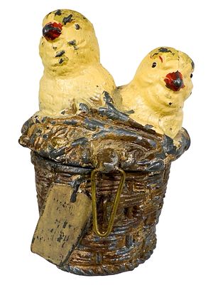 Yellow Chicks in a Basket Unusual Spelter Still Bank. Germany - Circa Late 1920's. 3 1/2" Tall x 