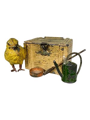 Small Chick Beside Crate and a Watering Can, Broom and Bowl. Germany - Circa Late 1910's. 1 3/4" 