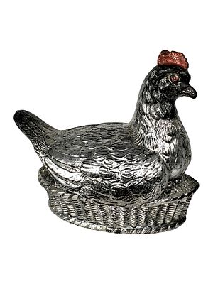 Silvered Tin Hen on Nest Bank. European - Circa 1910's. 4" Tall x 4 1/4" Wide x 2 1/4" Deep. Bob 
