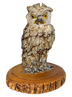 Unusual White Owl Presented on a Round Tree Branch Base. Germany - Circa Mid 1920's. 5 1/4" Tall 