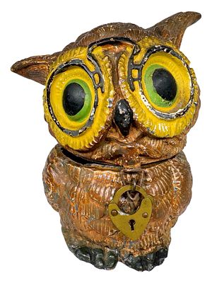 Comical Owl with Spectacles Spelter Bank. Germany - Circa Mid 1920's. 3 3/4" Tall x 3 1/2" Wide 