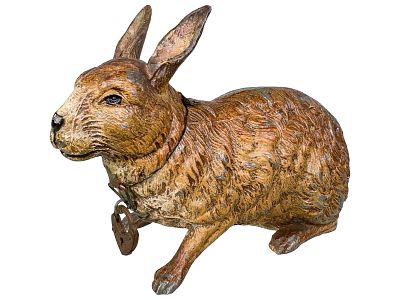 Crouching Rabbit Spelter Bank. Germany - Circa Late 1910's. 3 1/2" Tall x 5 1/4" Wide x 2 1/4" 