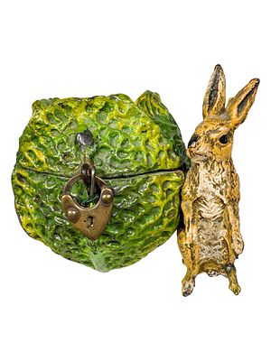 Rabbit Standing by Cabbage Spelter Bank. Germany - Circa Late 1910's. 3" Tall x 3 1/4" Wide x 2 