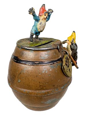 Elves Climbing on a Barrel Spelter Bank. Germany - Circa Early 1920's. 3 3/4" Tall x 2 1/4" Wide 