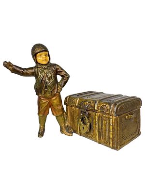 Boy Standing Beside Steamer Trunk Spelter Bank. Rare Spelter Piece with Carved Face. Germany - 