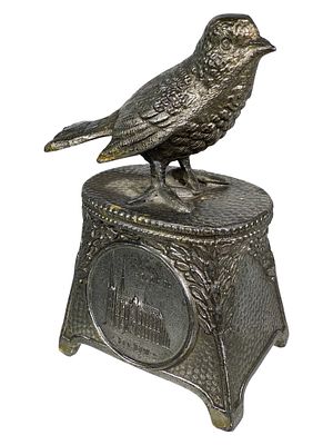 Silvered Lead Sparrow Still Bank. Medallion of Cologne Cathedral. Germany - Circa 1920's. 4" 