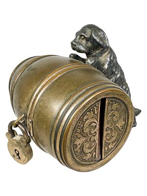 Dog Pushing a Long Barrel Bank. Made of Silvered Lead and Tin. Germany - Circa Early 1910's. 2 