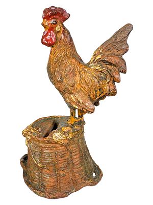 Rooster on Upturned Basket Still Bank. By Hausser Company for Elastolin. Germany - Circa 1930's. 