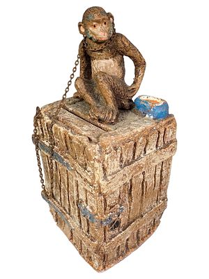 Monkey on Crate Still Bank. By Hausser Company for Elastolin. Germany - Circa 1930's. 4 3/4" 