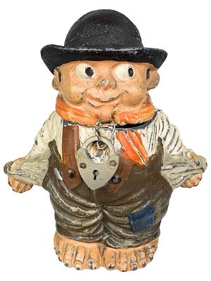 Beggar Boy with Empty Pockets Spelter Bank. Germany - 1920's. 3 3/4" Tall x 3 1/2" Wide x 2" 