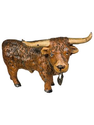 Highland Bull Spelter Still Bank. Germany - 1910's. 3" Tall x 4 1/2" Wide x 1 3/4" Deep. Bob and 