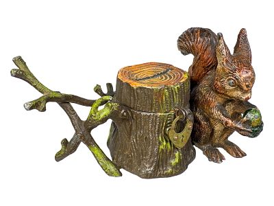 Squirrel with Nut Beside a Tree Stump and Vines Spelter Bank. Rare Unrecorded Example. Germany - 