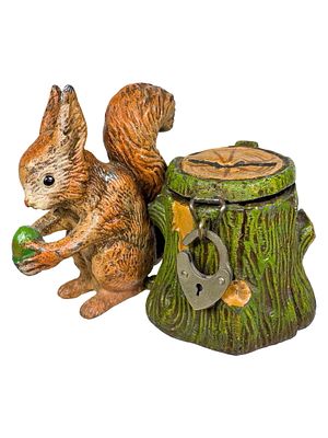 Squirrel Eating a Nut Beside a Tree Stump Spelter Bank. Germany - Mid 1920's. 2 1/2" T x 3 1/4" 