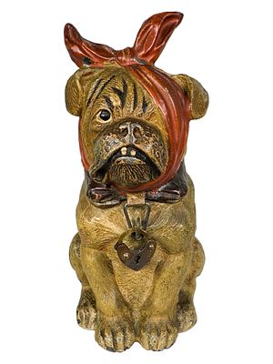 Dog with Bandaged Eye Spelter Bank. Germany - 1920's. 4 5/8" Tall x 2" Wide x 2 3/4" Deep. Bob 