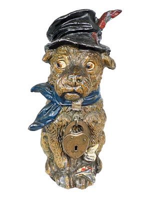 Hobo Dog with Bandaged Paw. Germany - 1920's. 4 3/4" Tall x 1 3/4" Wide x 2 3/4" Deep. Bob and 