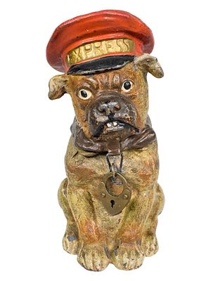 Pug Dressed as a Red Cap Porter Spelter Bank. Germany - 1920's. 4 1/4" Tall x 2" Wide x 2 1/2" 