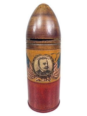 Admiral George Dewey Wooden Shell Bank. American - 1880's. 6" Tall x 2 1/4" Wide. Bob and 
