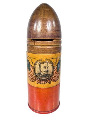 Admiral George Dewey Wooden Shell Bank. American - 1880's. 6 3/4" Tall x 2 1/2" Wide. Bob and 