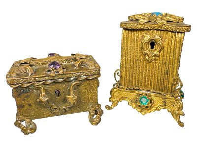 Two Gilt Jeweled Casket Banks. Vienna - 1880's - 3 1/2" T x 2 1/2" L. Bob and Shirley Peirce 