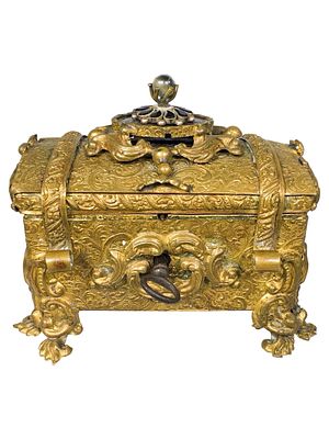 Ornate Gilt Casket Still Bank. Vienna - 1880's - 3 1/4" T x 4" L. Bob and Shirley Peirce 