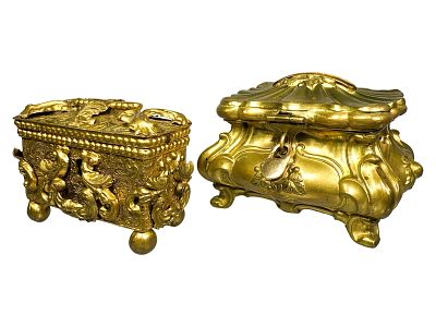 Two Gilt Casket Banks. Vienna - 1880's - 2 1/2" T x 3 3/4" L. Bob and Shirley Peirce Collection. 