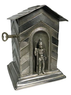 Standing Guard in the Sentry House Still Bank. Very Handsome Silver Plate Bank. European - 1910 