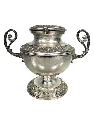 Two Handled Silver Urn Bank. Austria - Ca. 1895 - 3 1/2" T x 4 1/2" L. Bob and Shirley Peirce 