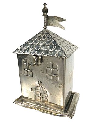 Two Story Building with Flag - Unusual Silver Plate Still Bank. European - 1910 - 4" T x 2 5/8" 