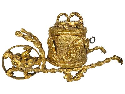 Important Gilt Wheelbarrow Bank. Vienna - 1880's - 3 5/8" T x 6 3/4" L. Bob and Shirley Peirce 