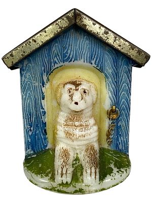 Milk Glass & Tin Roof Doghouse Still Bank. Bank originally used as Candy Box. USA - 1910's - 2 