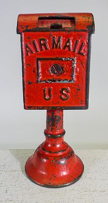 U.S. Air Mail on Base - Cast Iron Still Bank. Dent Hardware Company. Fullerton, PA. 1920's. 6 