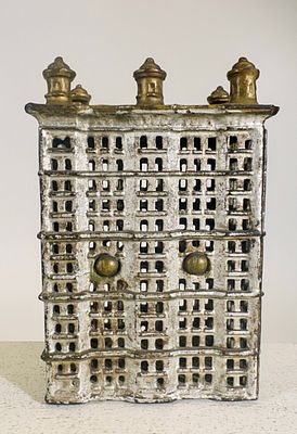 Skyscraper with Six Turrets - Cast Iron Still Bank. A.C. Williams Company. Ravenna, OH. 1920's. 