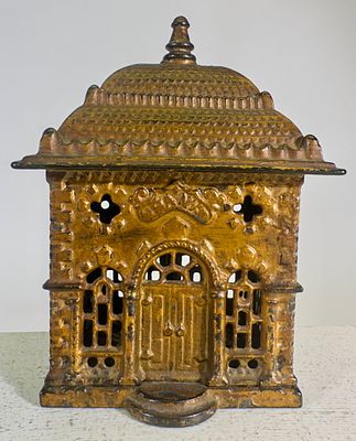 Home Savings Bank - Scarce in Gold/Copper. J &amp; E Stevens Company. Cromwell, CT. 1890's. 6" 