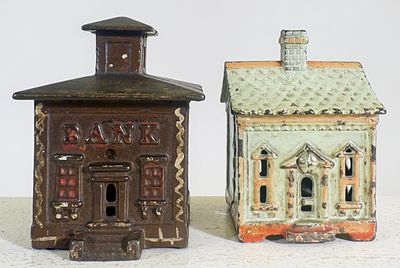 One Story House & Small Cupola Banks. J &amp; E Stevens Company. Cromwell, CT. 1880's. 3 1/2" 