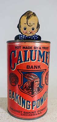 Calumet Mechanical Bank - Tin and Cardboard. Made by Calumet. Chicago, IL. 1920's. 5 5/8" Tall x 
