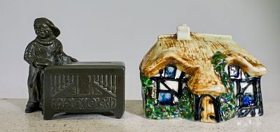 Two European Banks - One Lead / One Porcelain. European 1920/30's. House is 3 1/4" Tall x 3 3/4" 